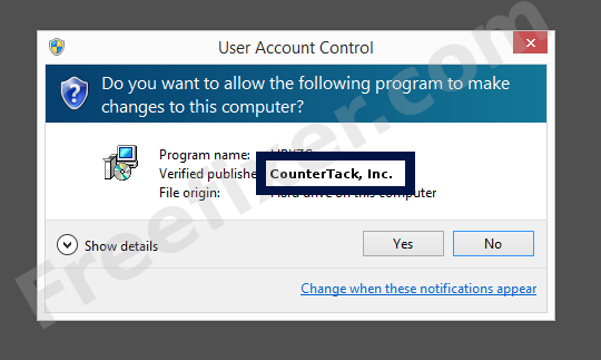 Screenshot where CounterTack, Inc. appears as the verified publisher in the UAC dialog